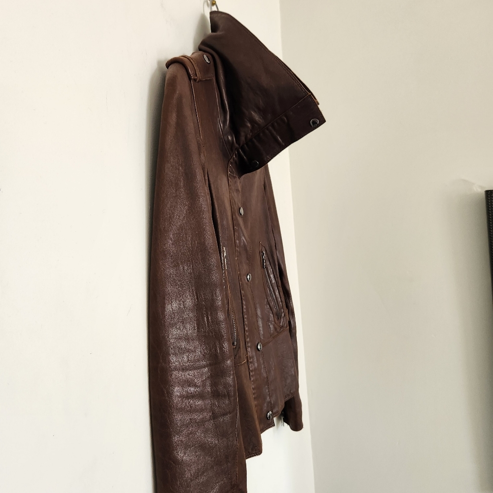 Marc New York Andrew Marc Brown Leather Funnel High Collar Jacket - Picture 13 of 15